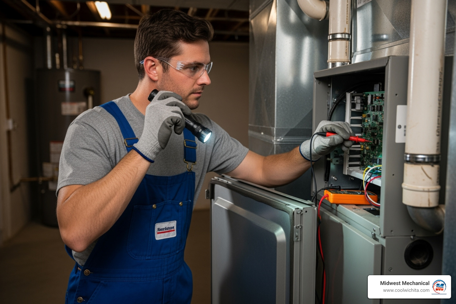 HVAC technician inspecting furnace electrical components - heating making noise in haysville ks