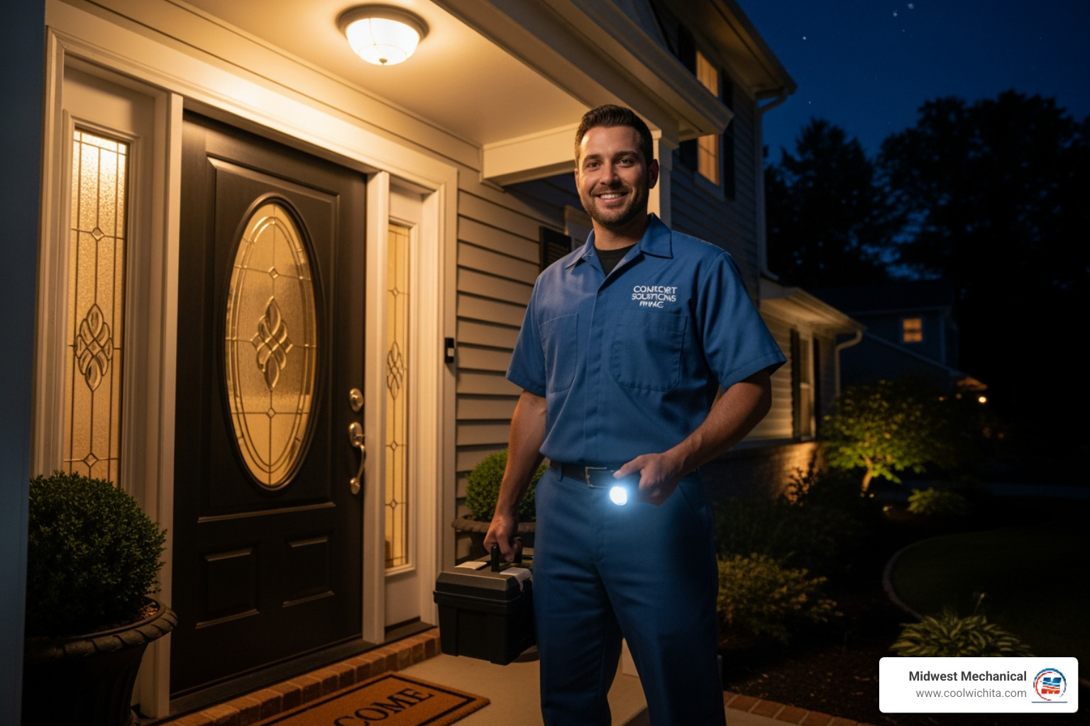 A friendly, uniformed technician arriving at a home's front door at night. - 24/7 heating repair in bel aire ks A friendly, uniformed technician arriving at a home's front door at night. - 24/7 heating repair in bel aire ks