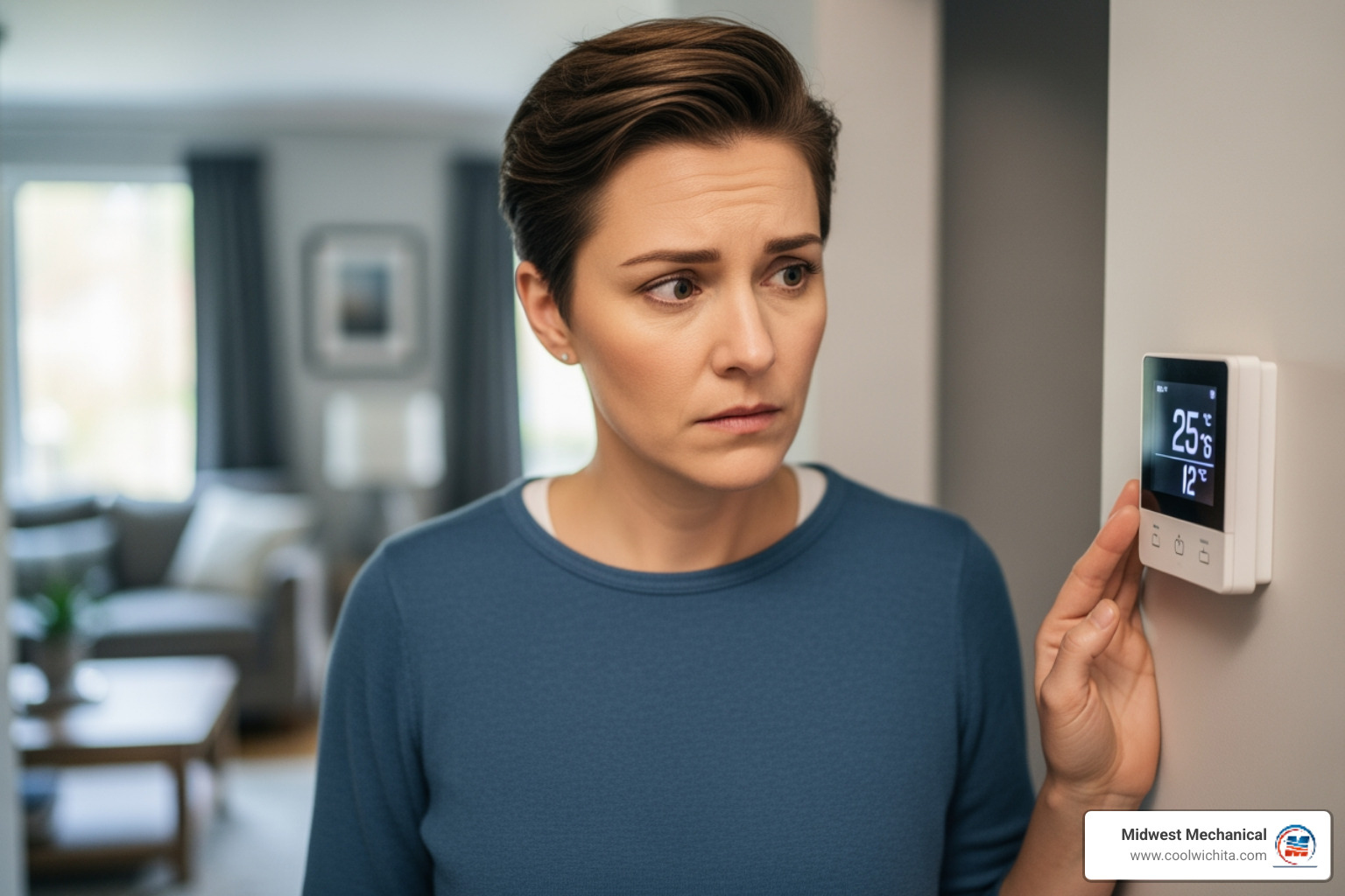 A homeowner looking at their thermostat with a concerned expression. - 24/7 heating repair in bel aire ks A homeowner looking at their thermostat with a concerned expression. - 24/7 heating repair in bel aire ks