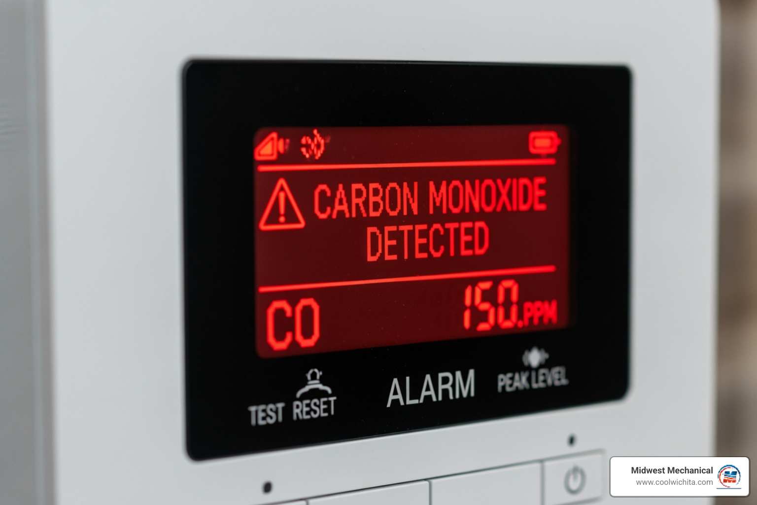Digital carbon monoxide detector showing warning - emergency heating repair in derby ks