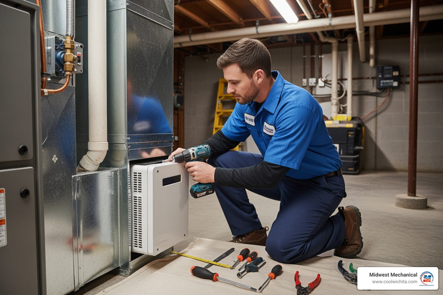 technician professionally installing an air purifier into an HVAC system - residential indoor air quality installation in goddard ks technician professionally installing an air purifier into an HVAC system - residential indoor air quality installation in goddard ks
