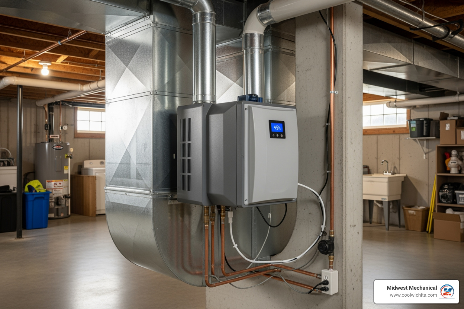 A whole-house humidifier integrated with an HVAC system, showing a compact unit attached to the main ductwork - residential indoor air quality installation in haysville ks A whole-house humidifier integrated with an HVAC system, showing a compact unit attached to the main ductwork - residential indoor air quality installation in haysville ks