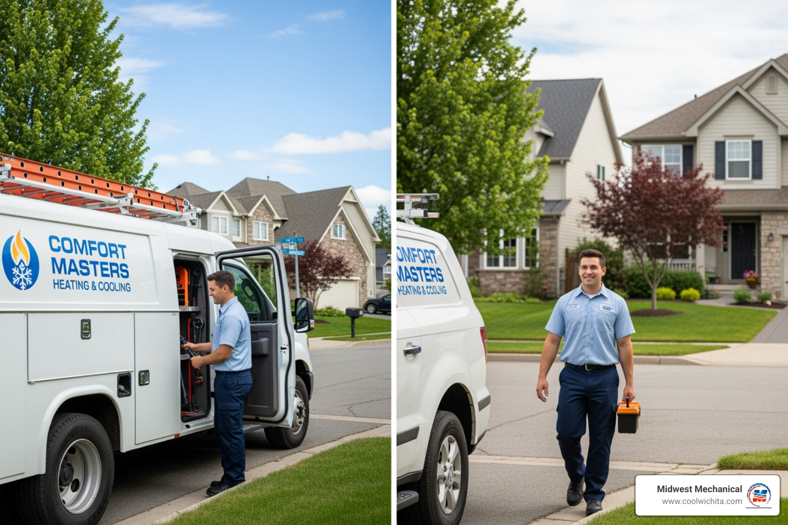friendly heating repair technician's truck in a residential neighborhood - affordable heating repair in mcconnell afb ks