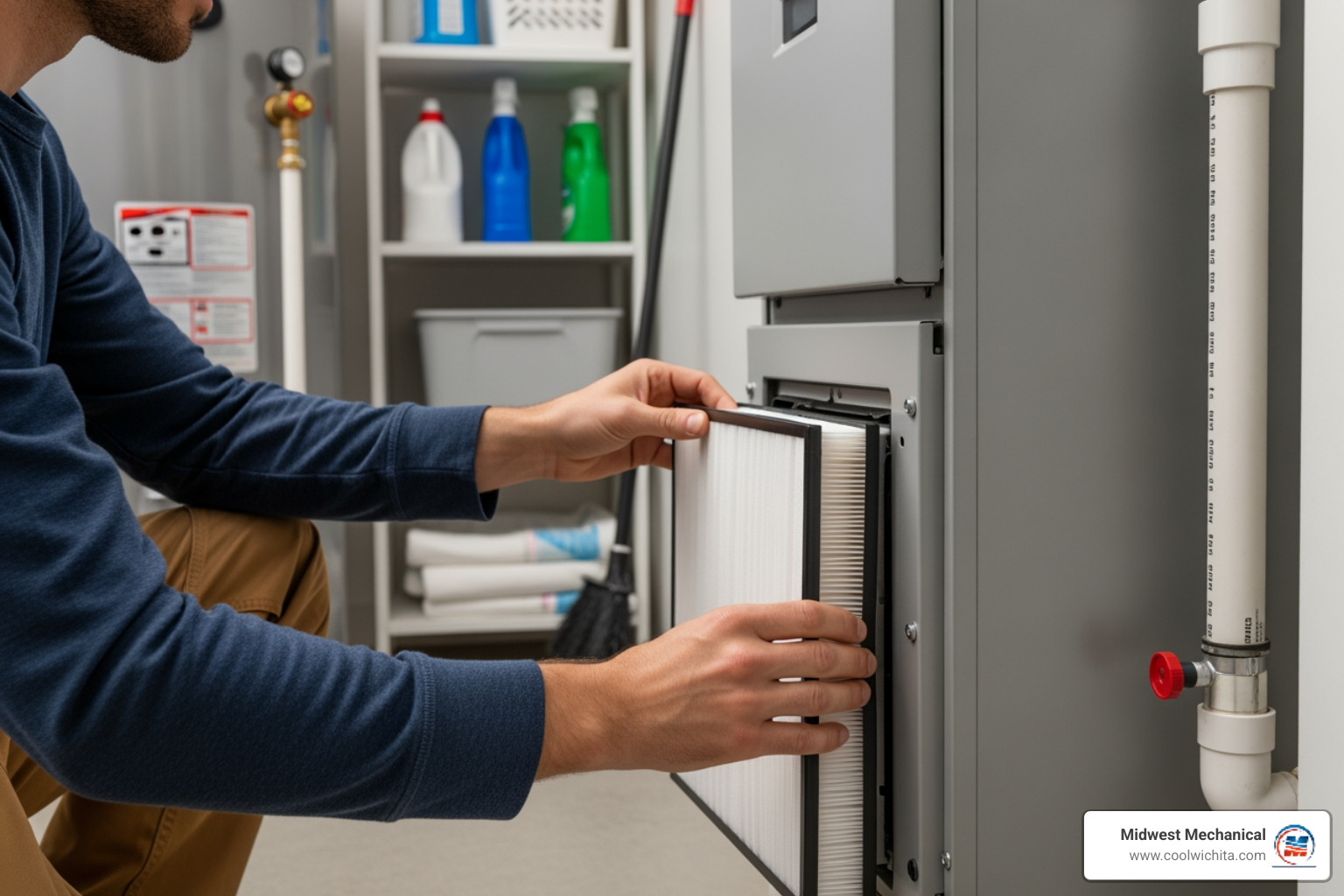 person changing a home furnace filter - affordable heating repair in mcconnell afb ks