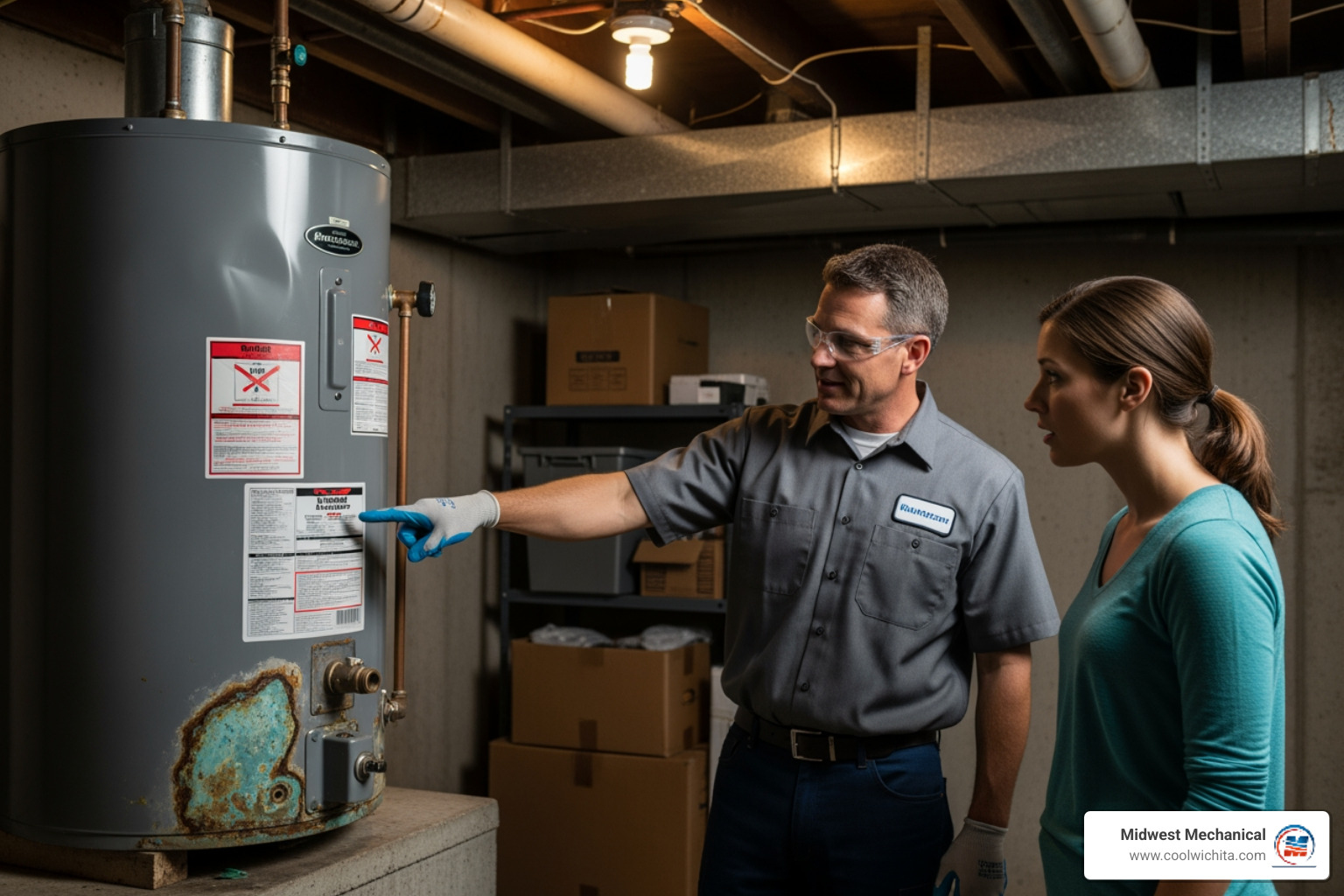 A technician pointing to corrosion on an old water heater, explaining the issue to a homeowner. - tank water heaters replacement in haysville ks A technician pointing to corrosion on an old water heater, explaining the issue to a homeowner. - tank water heaters replacement in haysville ks