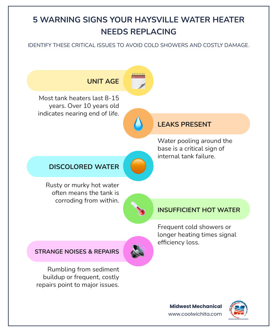 Infographic showing six warning signs for tank water heater replacement: a calendar showing 10+ years, water droplets indicating leaks, rusty water coming from a faucet, a thermometer showing insufficient hot water, sound waves representing rumbling noises, and a wrench symbolizing frequent repairs. Each sign includes a brief description of what homeowners should watch for in Haysville, KS. - tank water heaters replacement in haysville ks infographic infographic-line-5-steps-colors Infographic showing six warning signs for tank water heater replacement: a calendar showing 10+ years, water droplets indicating leaks, rusty water coming from a faucet, a thermometer showing insufficient hot water, sound waves representing rumbling noises, and a wrench symbolizing frequent repairs. Each sign includes a brief description of what homeowners should watch for in Haysville, KS. - tank water heaters replacement in haysville ks infographic infographic-line-5-steps-colors