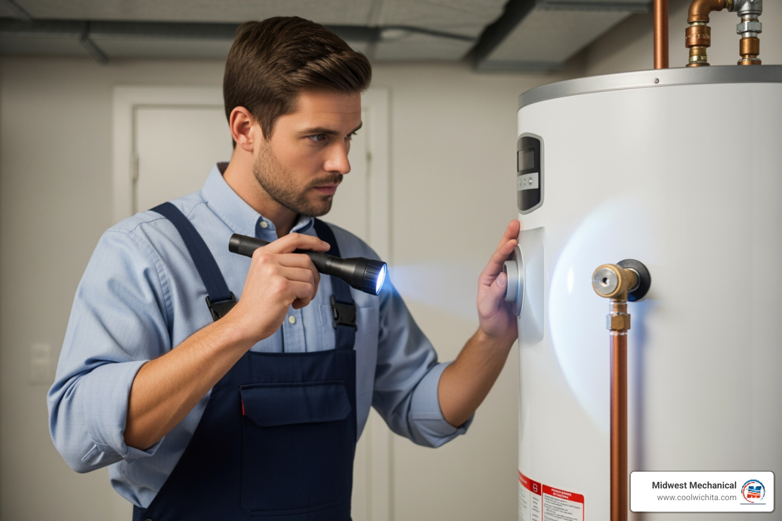 a uniformed plumber inspecting a water heater with a flashlight - emergency water heaters repair in bel aire ks a uniformed plumber inspecting a water heater with a flashlight - emergency water heaters repair in bel aire ks