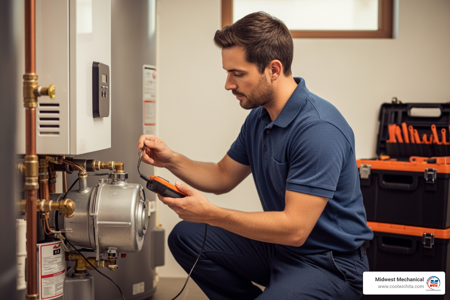 A professional technician inspecting a water heater with a toolkit, highlighting expertise and attention to detail - licensed water heaters contractor in wichita ks