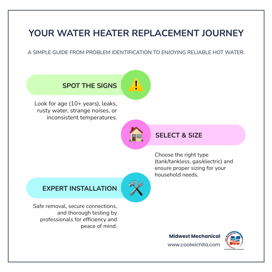 Infographic showing the 5 steps of water heater replacement: 1) Identify warning signs like age, leaks, or rusty water; 2) Choose the right type of water heater for your home; 3) Schedule professional assessment and sizing; 4) Safe removal and expert installation by licensed plumbers; 5) Enjoy reliable hot water and improved energy efficiency - water heaters replacement in derby ks infographic infographic-line-3-steps-colors Infographic showing the 5 steps of water heater replacement: 1) Identify warning signs like age, leaks, or rusty water; 2) Choose the right type of water heater for your home; 3) Schedule professional assessment and sizing; 4) Safe removal and expert installation by licensed plumbers; 5) Enjoy reliable hot water and improved energy efficiency - water heaters replacement in derby ks infographic infographic-line-3-steps-colors