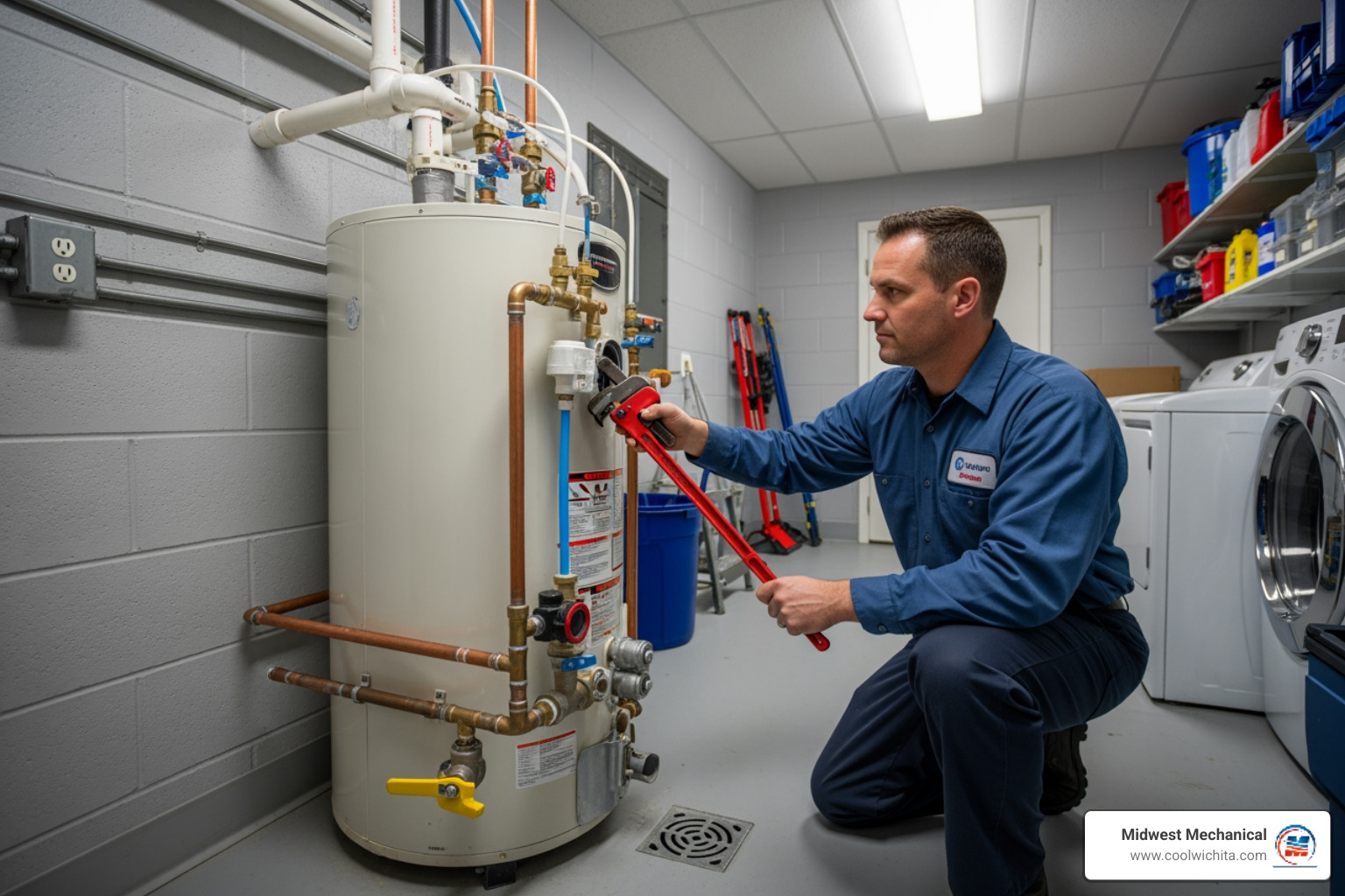 technician checking connections with a tool - water heaters replacement in derby ks technician checking connections with a tool - water heaters replacement in derby ks