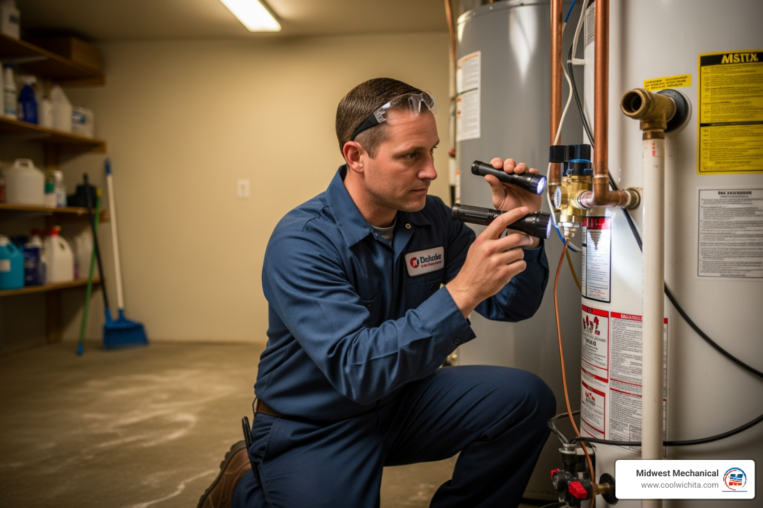 A plumber in uniform carefully inspecting the connections and tank of a residential water heater in a utility room. - 24 hour plumbing service in goddard ks A plumber in uniform carefully inspecting the connections and tank of a residential water heater in a utility room. - 24 hour plumbing service in goddard ks