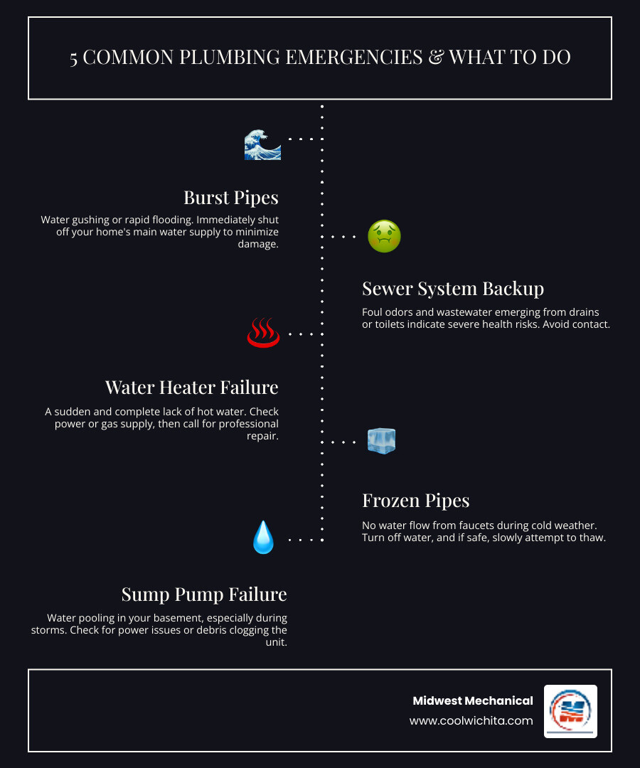 Infographic showing 5 most common plumbing emergencies: burst pipes with flooding, sewer backup with health risks, water heater failure with no hot water, frozen pipes in winter, and sump pump failure during storms, with immediate action steps for each - 24 hour plumbing service in goddard ks infographic infographic-line-5-steps-dark Infographic showing 5 most common plumbing emergencies: burst pipes with flooding, sewer backup with health risks, water heater failure with no hot water, frozen pipes in winter, and sump pump failure during storms, with immediate action steps for each - 24 hour plumbing service in goddard ks infographic infographic-line-5-steps-dark