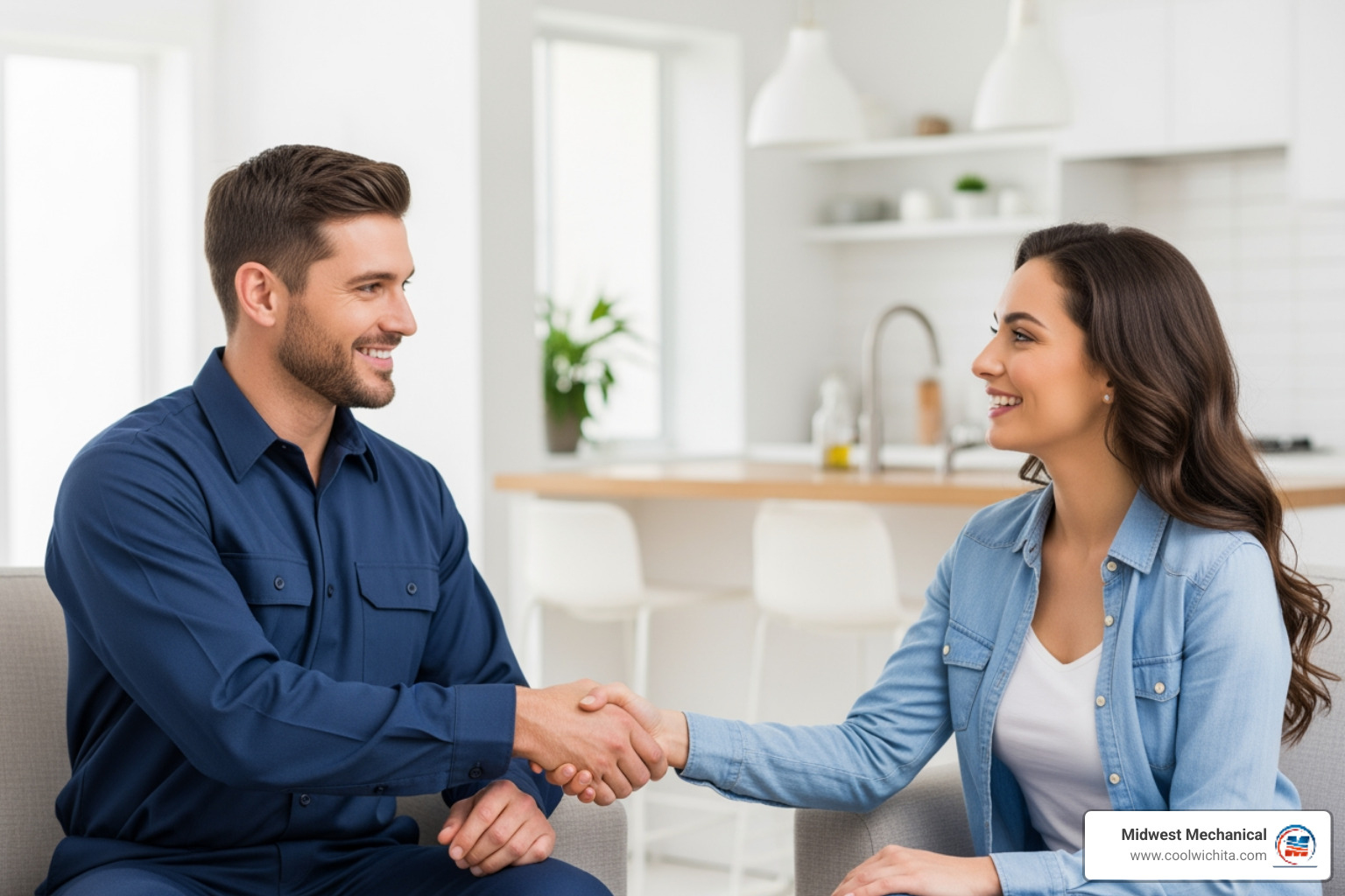 A friendly, professional plumber shaking hands with a satisfied homeowner in a clean, modern home setting. - 24 hour plumbing service in goddard ks A friendly, professional plumber shaking hands with a satisfied homeowner in a clean, modern home setting. - 24 hour plumbing service in goddard ks