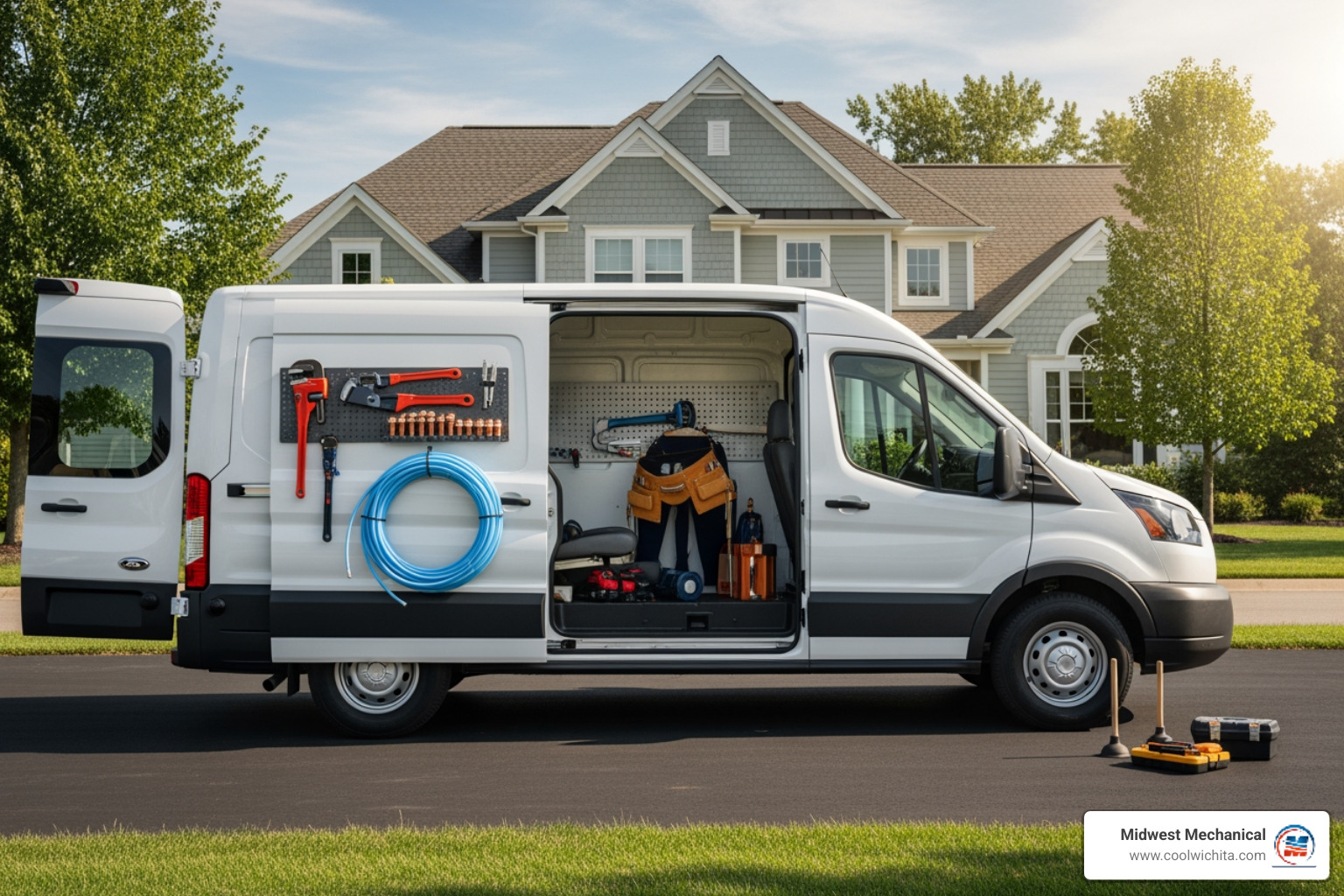 A modern, unbranded service van with plumbing tools visible, parked in front of a residential home. - 24 hour plumbing service in goddard ks A modern, unbranded service van with plumbing tools visible, parked in front of a residential home. - 24 hour plumbing service in goddard ks
