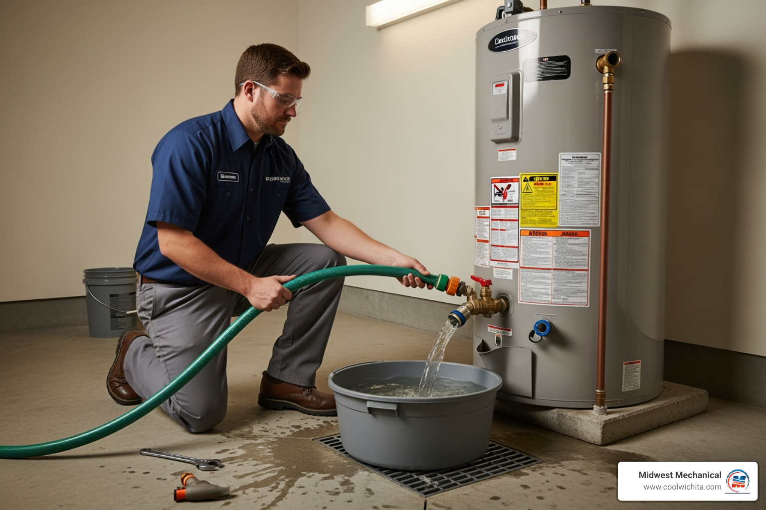 technician flushing a water heater tank during a maintenance visit - 24/7 water heaters repair in maize ks