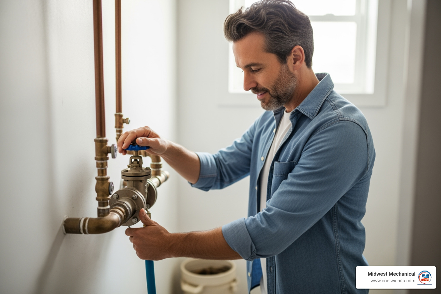 homeowner safely shutting off the main water valve to their house - 24/7 water heaters repair in maize ks