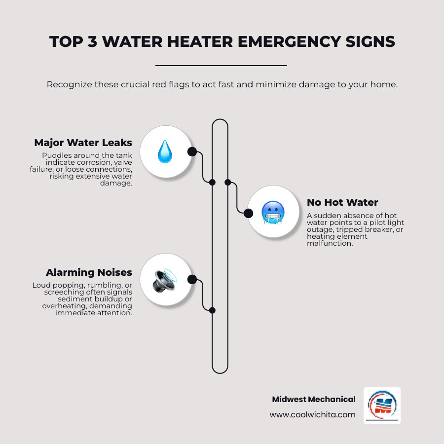 Infographic showing three emergency water heater warning signs with icons: 1) A puddle of water under a tank labeled "Major Leaks - Call Immediately", 2) A shower head with no steam labeled "No Hot Water - Same Day Service Needed", and 3) A tank with sound waves labeled "Loud Popping or Rumbling - Sign of Sediment Buildup". Each sign includes a red alert symbol and brief description of the risk level. - 24/7 water heaters repair in maize ks infographic infographic-line-3-steps-elegant_beige