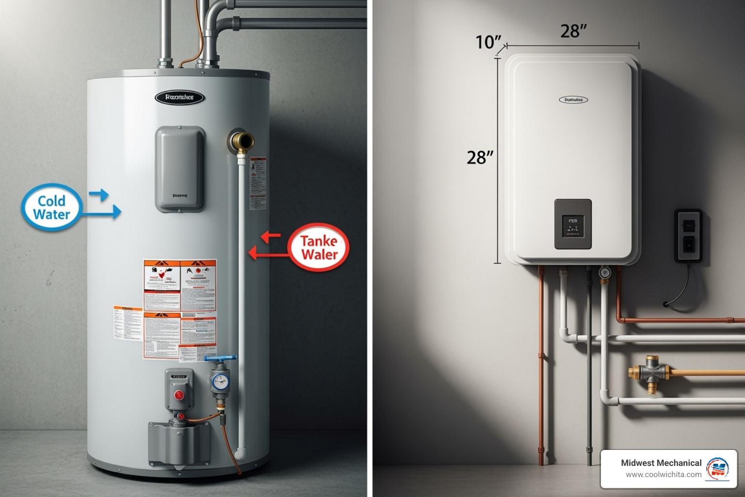 Side-by-side comparison of a traditional tank water heater and a compact tankless water heater, illustrating their size difference - water heater installation Wichita