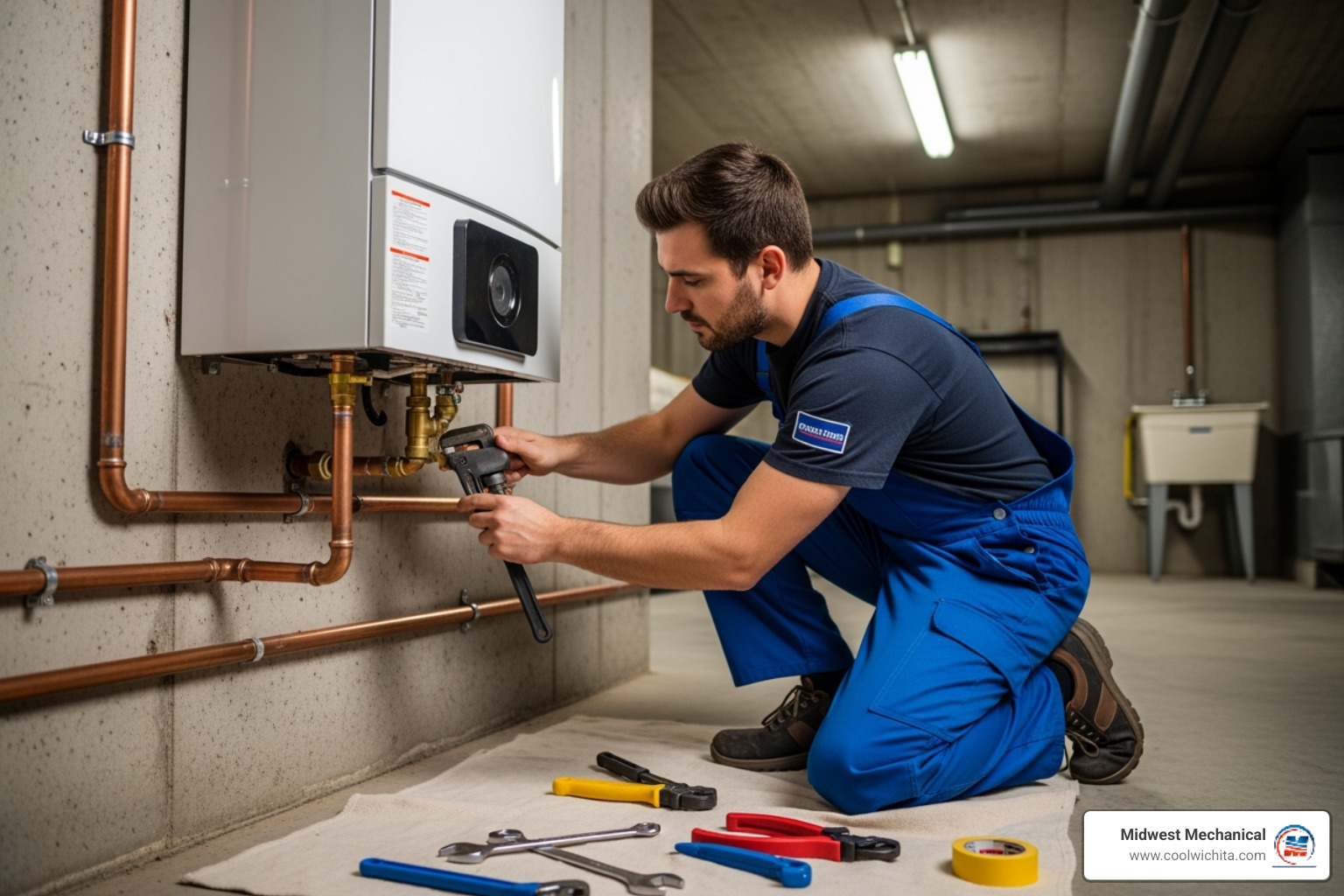 A licensed plumber carefully connecting pipes during a professional water heater installation - water heater installation Wichita