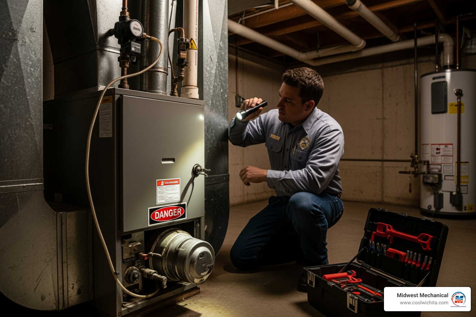 Infographic showing the top 5 signs you need emergency heating repair: 1. No heat at all from vents, 2. Strange noises like banging or squealing, 3. Pilot light won't stay lit, 4. System cycles on and off constantly, 5. Burning smell or gas odor - emergency heating repair in milton, ks