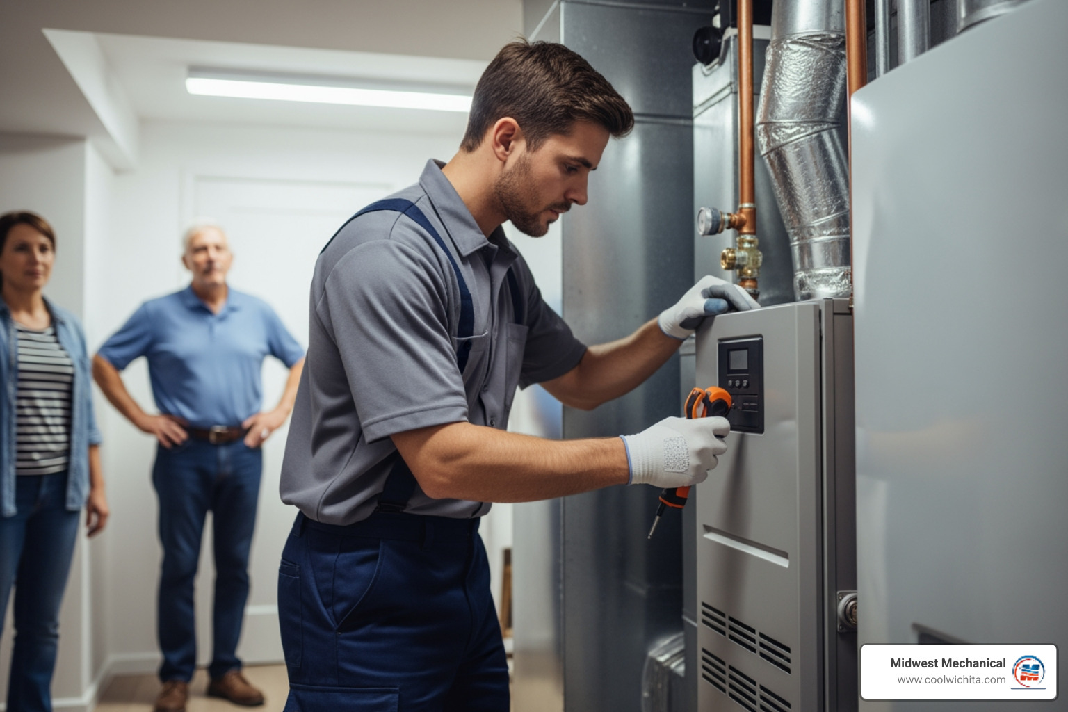 infographic showing emergency heating replacement process from phone call to completed installation with steps for safety check, system diagnosis, replacement options, installation, and final testing - 24 hour heating replacement in milton, ks