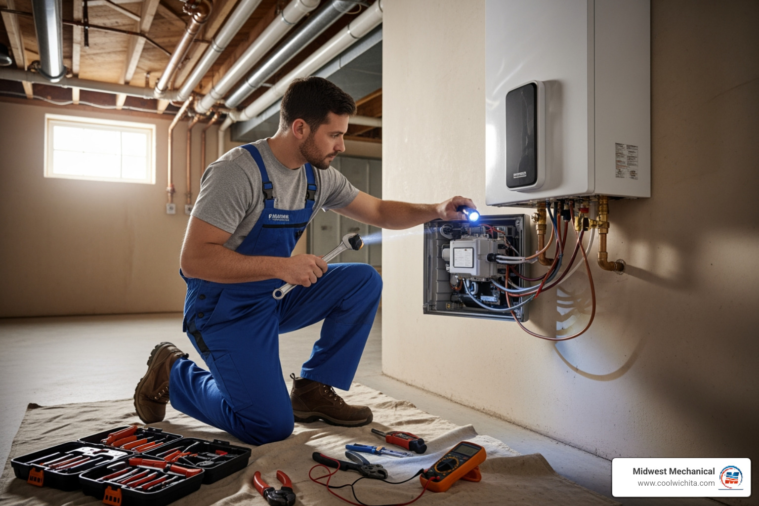 Infographic showing emergency response steps for tankless water heater failure: 1) Check for gas leaks and shut off gas if needed, 2) Turn off water supply to unit, 3) Write down error codes from display panel, 4) Call 24-hour emergency plumber, 5) Prepare model number and symptoms for technician - 24 hour tankless water heater repair in derby, ks Infographic showing emergency response steps for tankless water heater failure: 1) Check for gas leaks and shut off gas if needed, 2) Turn off water supply to unit, 3) Write down error codes from display panel, 4) Call 24-hour emergency plumber, 5) Prepare model number and symptoms for technician - 24 hour tankless water heater repair in derby, ks