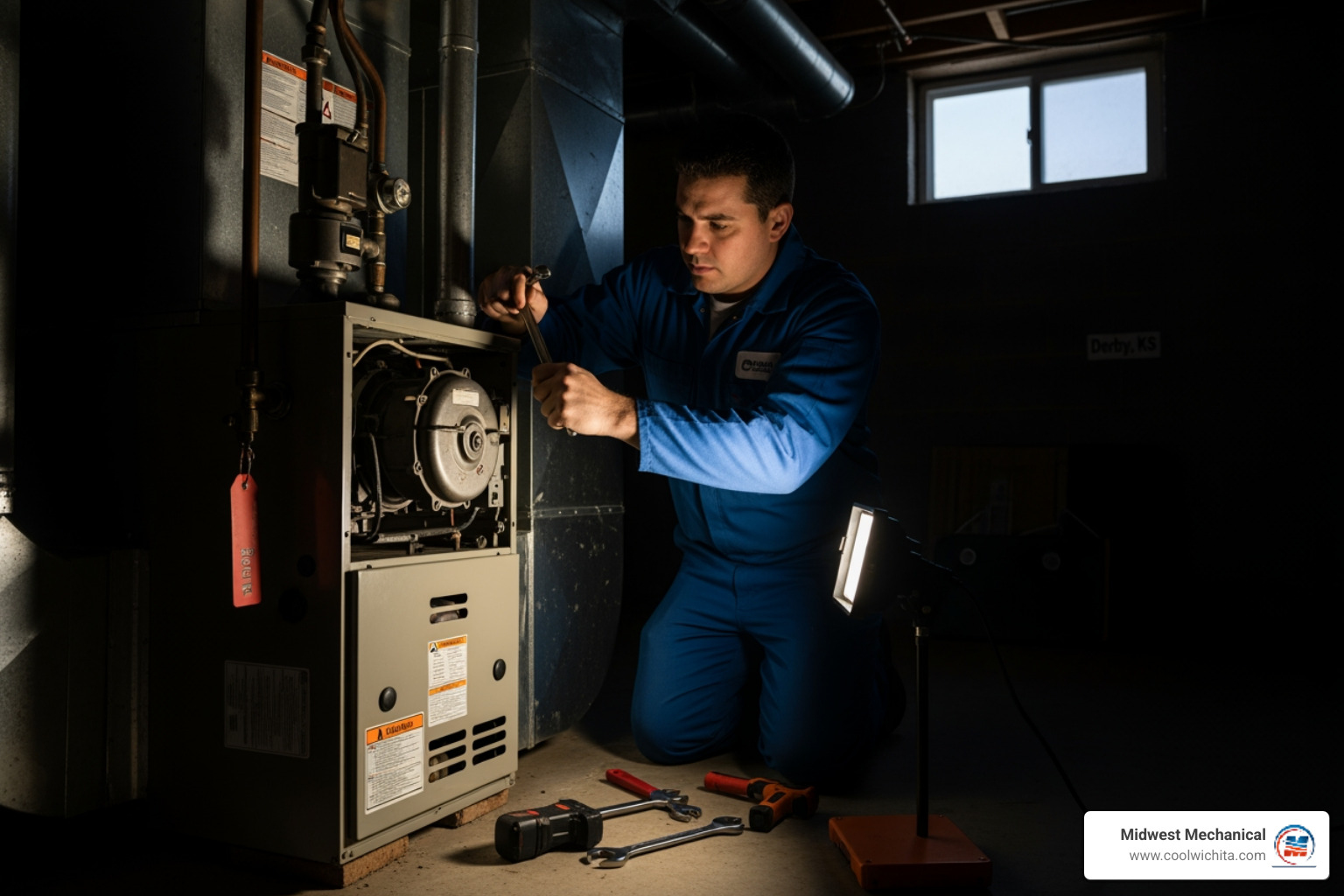 Infographic showing the difference between emergency heating tune-up and routine maintenance, including when to call for emergency service versus scheduling regular maintenance, typical response times for emergency calls in Derby KS, and key warning signs that require immediate professional attention such as no heat, gas odors, carbon monoxide alarms, and unusual noises - emergency heating tune up in derby, ks