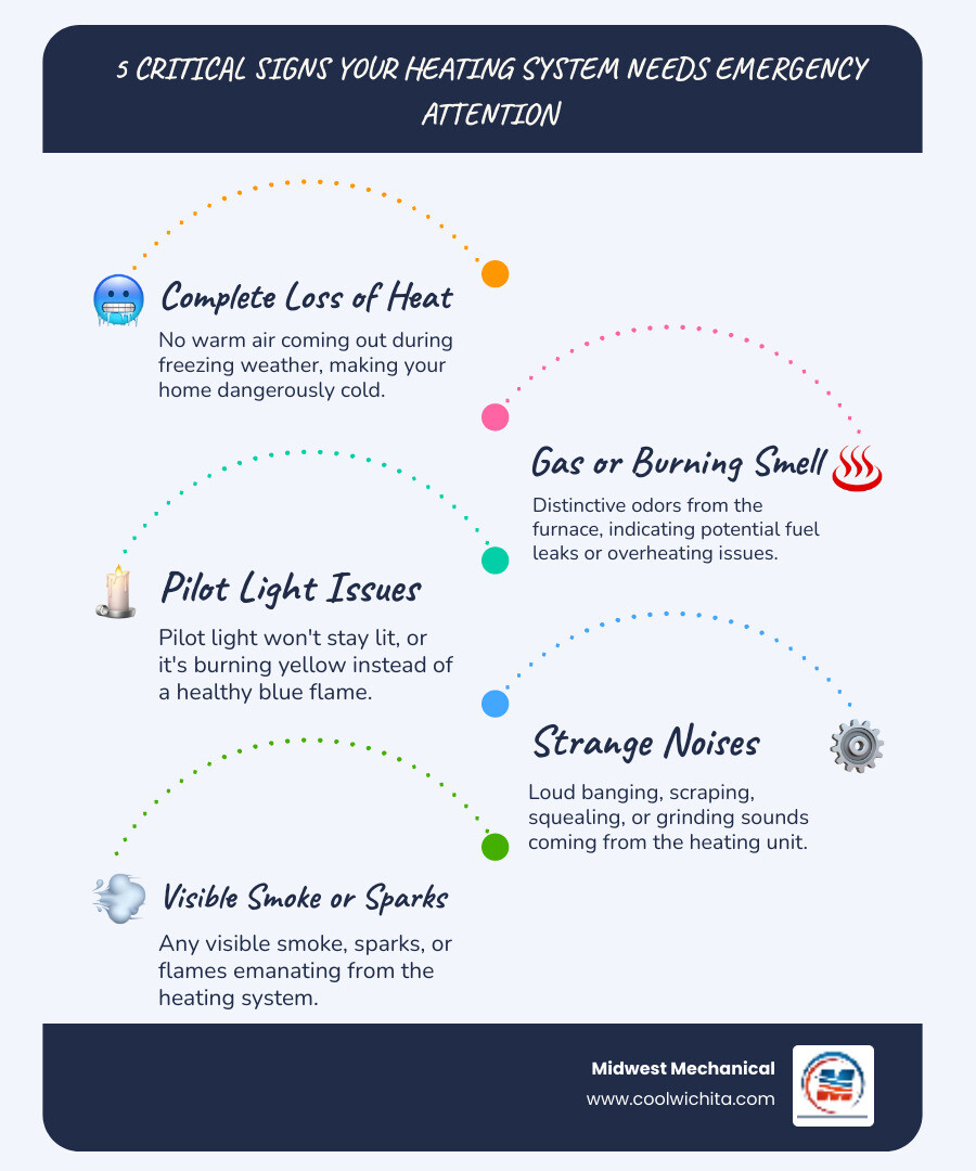Infographic showing 5 critical signs your heating system needs emergency attention: 1) Complete loss of heat during freezing weather, 2) Gas or burning smell coming from the furnace, 3) Pilot light won't stay lit or is yellow instead of blue, 4) Strange banging, scraping, or squealing noises, 5) Visible smoke or sparks from the heating unit - emergency heating maintenance in towanda, ks infographic infographic-line-5-steps-blues-accent_colors