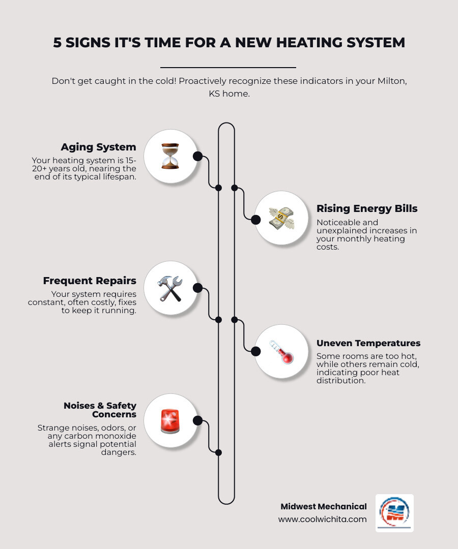 Infographic showing the top 5 signs it's time to replace your heating system in Milton, KS: system is 15-20+ years old, energy bills rising steadily, frequent costly repairs, inconsistent room temperatures, and strange noises or safety concerns like carbon monoxide warnings - best heating installation in milton, ks infographic infographic-line-5-steps-elegant_beige