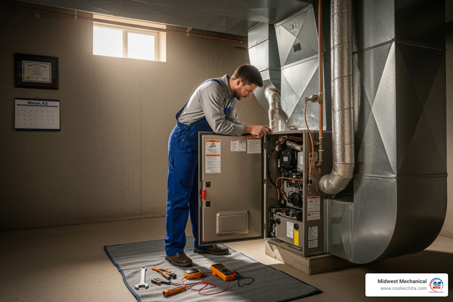 Infographic showing the benefits of annual heating tune-ups: improved energy efficiency with lower utility bills, extended equipment lifespan by catching wear early, enhanced safety through carbon monoxide and gas leak detection, maintained manufacturer warranty compliance, fewer unexpected breakdowns during cold weather, and better indoor air quality through filter replacement and system cleaning - heating tune up in maize ks