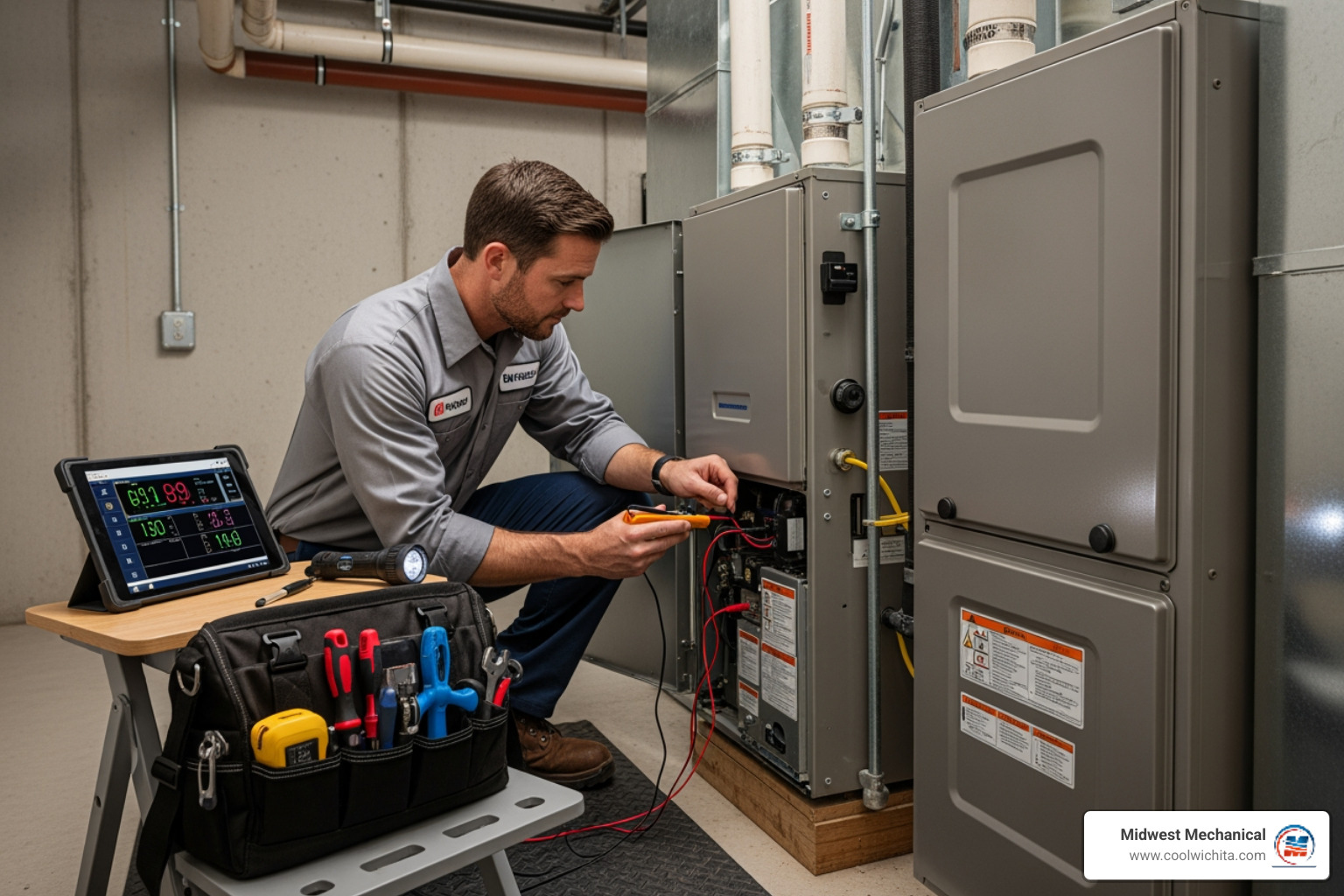 infographic showing the key benefits of a 24-hour heating tune-up: immediate emergency response with 24/7 availability, improved energy efficiency through system cleaning and calibration, extended equipment lifespan via early problem detection, enhanced safety with carbon monoxide and gas leak checks, and reduced risk of costly future breakdowns through preventative maintenance - 24 hour heating tune up in wichita, ks