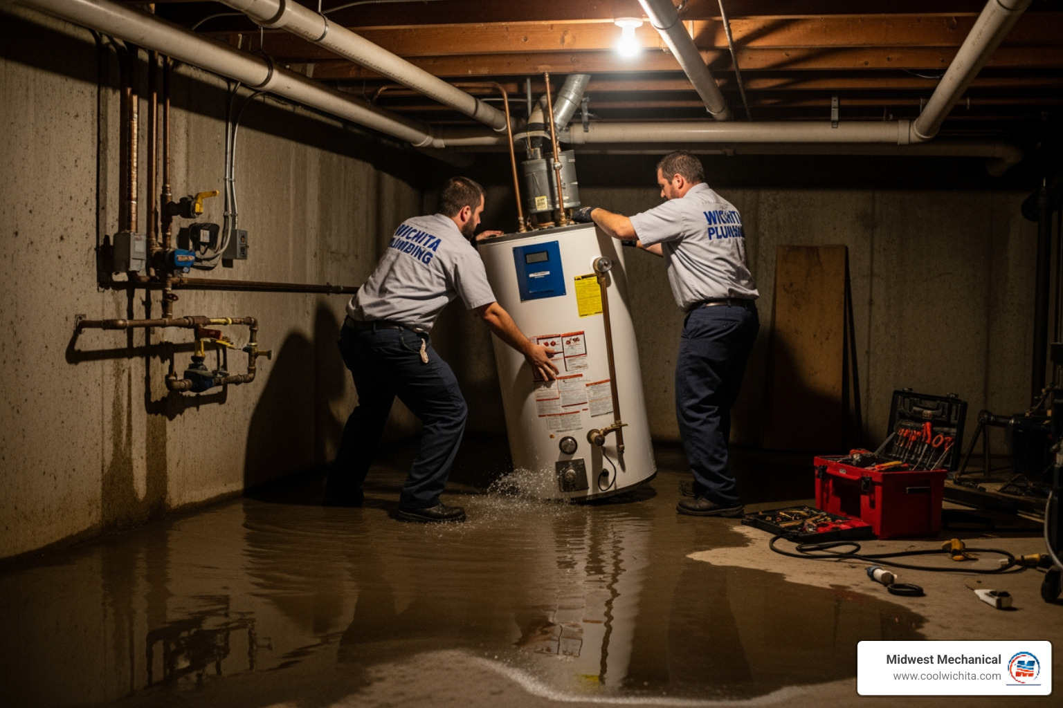 Infographic showing the four critical steps in a water heater emergency: 1. Shut off water supply valve at the top of the tank, 2. Turn off power or gas to the unit, 3. Call a 24/7 emergency plumber in Wichita, 4. Clear the area and document any water damage - emergency water heater replacement in wichita, ks Infographic showing the four critical steps in a water heater emergency: 1. Shut off water supply valve at the top of the tank, 2. Turn off power or gas to the unit, 3. Call a 24/7 emergency plumber in Wichita, 4. Clear the area and document any water damage - emergency water heater replacement in wichita, ks