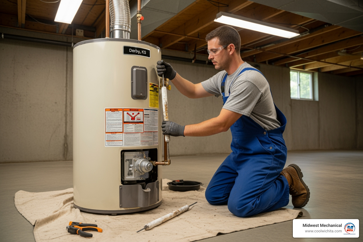 Infographic showing how an anode rod protects a water heater tank through galvanic corrosion: diagram displays a steel water heater tank with an anode rod installed at the top, arrows showing corrosive elements in water being attracted to the sacrificial anode rod instead of attacking the tank lining, comparison of protected vs unprotected tank over time, and notation that Derby KS hard water accelerates this process - water heaters anode rod replacement in derby ks Infographic showing how an anode rod protects a water heater tank through galvanic corrosion: diagram displays a steel water heater tank with an anode rod installed at the top, arrows showing corrosive elements in water being attracted to the sacrificial anode rod instead of attacking the tank lining, comparison of protected vs unprotected tank over time, and notation that Derby KS hard water accelerates this process - water heaters anode rod replacement in derby ks
