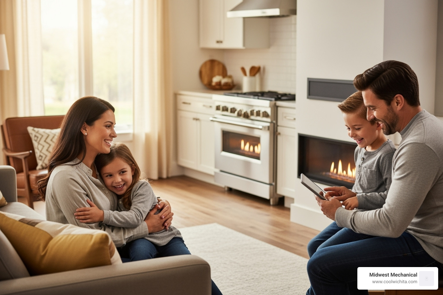 family enjoying safe home with gas appliances - gas line repair wichita