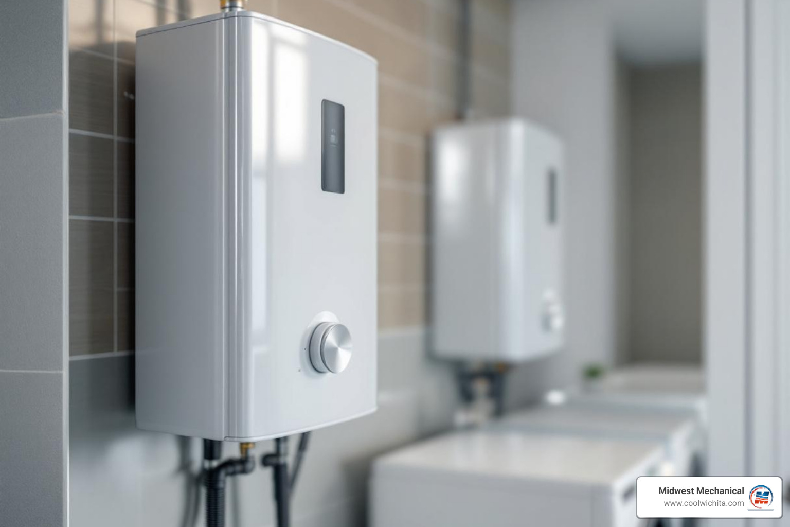 modern tankless water heater installed in a clean utility space - 24 hour tankless water heater repair in wichita, ks