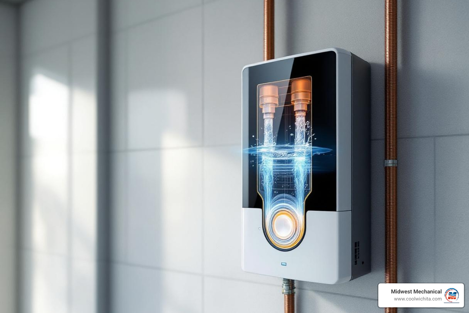 Infographic showing the flow of water through a tankless water heater system: cold water enters the unit, flows past a heating element or gas burner when a hot water tap opens, and exits as hot water on demand without storage in a tank - 24 hour tankless water heater repair in wichita, ks