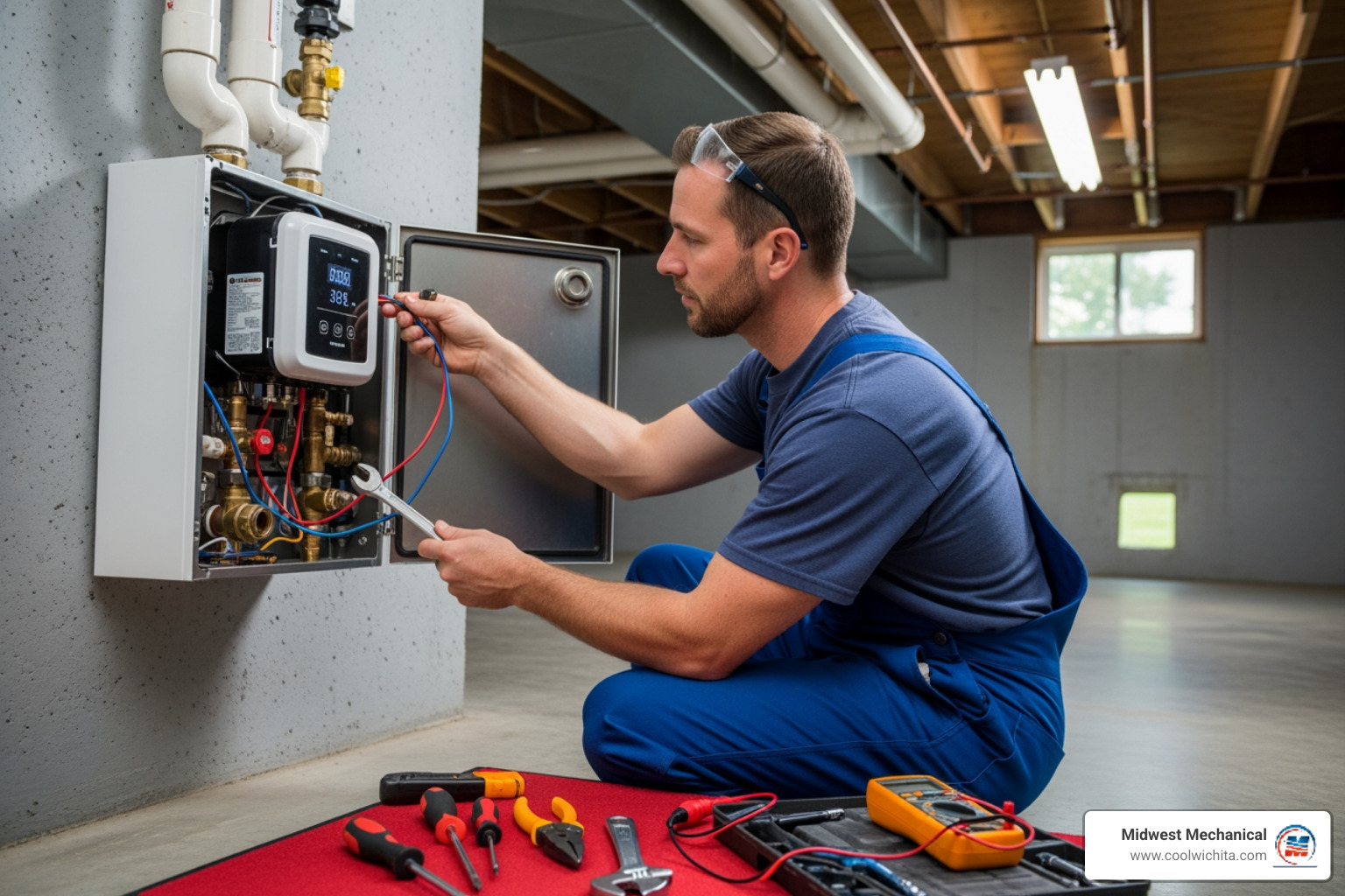 modern, wall-mounted tankless water heater in a clean utility space - best tankless water heater repair in maize, ks