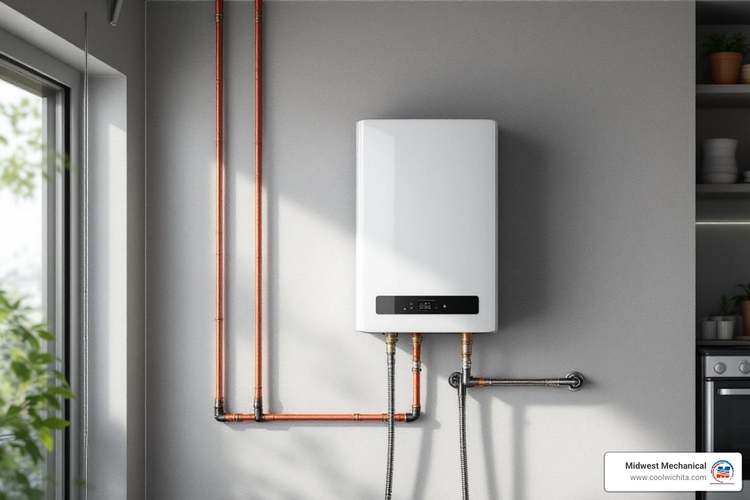 modern tankless water heater installed neatly on a wall - best tankless water heater repair in derby, ks