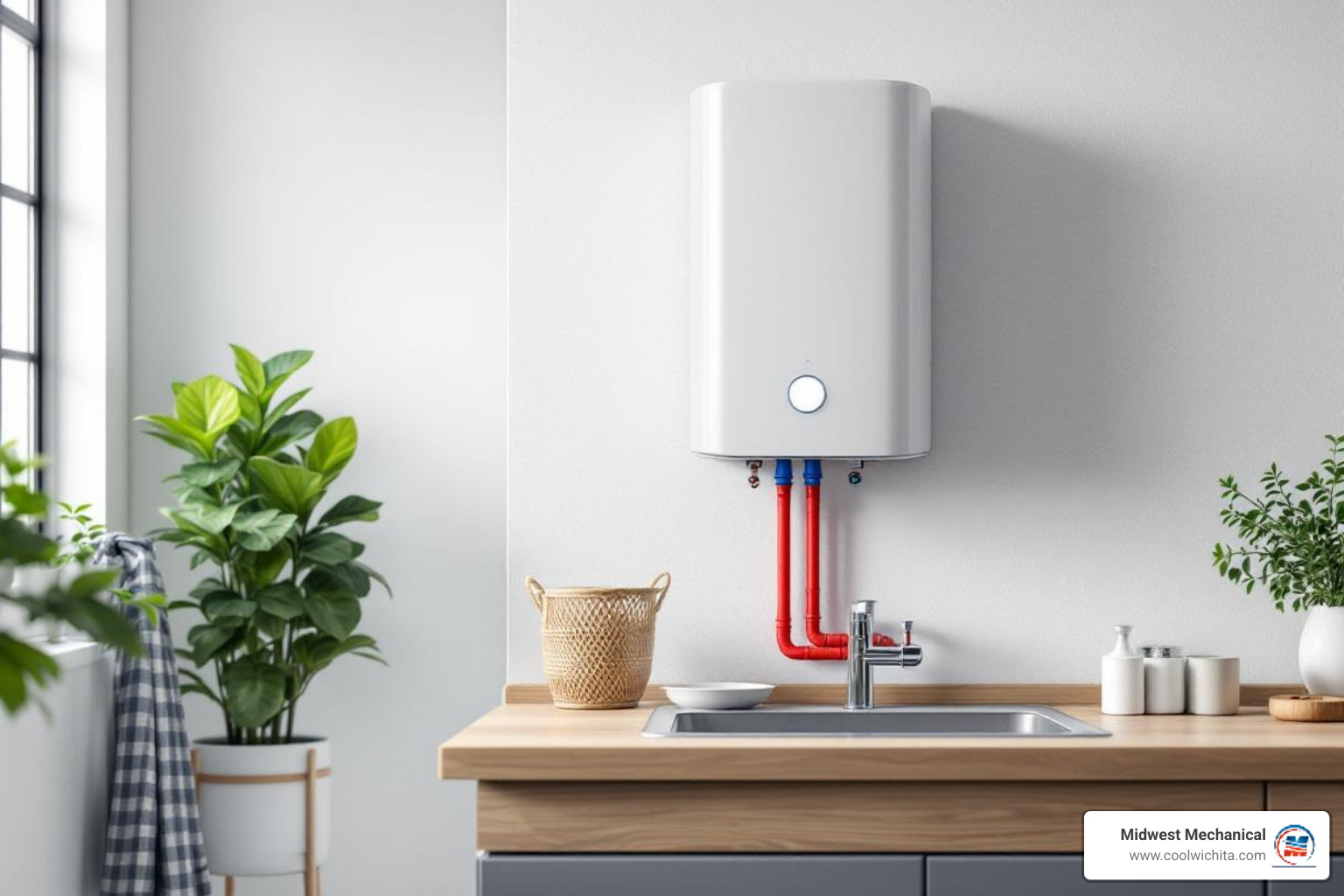 Infographic showing how tankless water heaters work on-demand, highlighting cold water inlet, heating elements, hot water outlet, and key benefits like endless hot water, 83-99% efficiency, 20+ year lifespan, and space-saving wall-mount design with note about Derby hard water requiring annual descaling - best tankless water heater repair in derby, ks