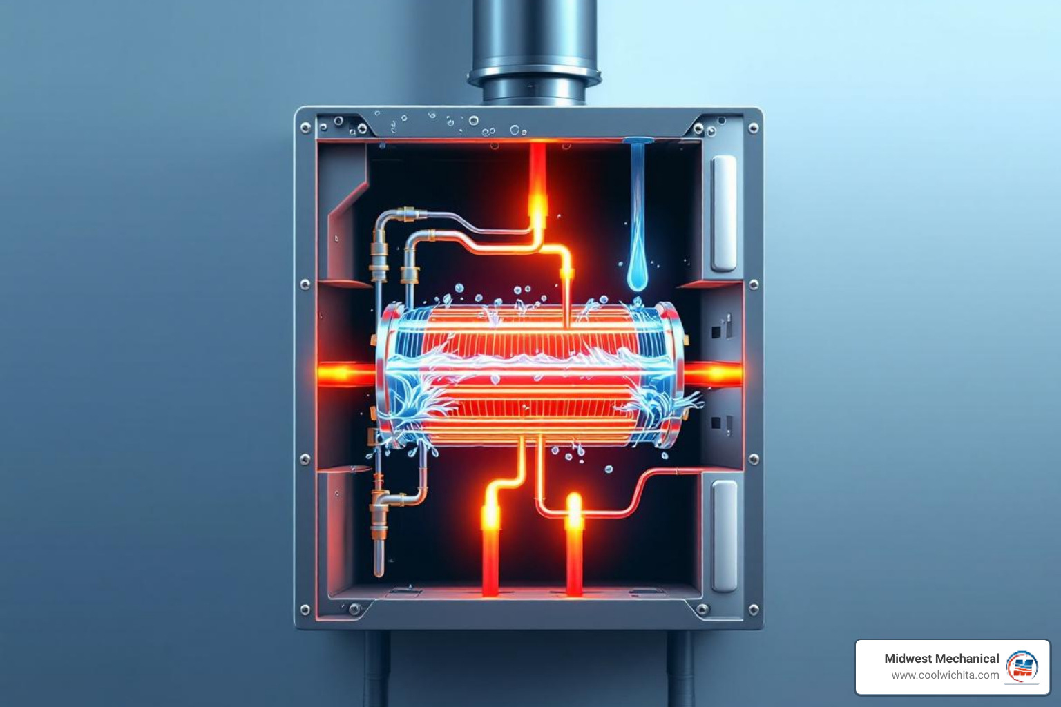 Infographic showing how tankless water heaters work: cold water enters the unit, flows through a heat exchanger where gas burners or electric coils heat it instantly, then hot water exits to your faucet on demand, with benefits listed as endless hot water, energy efficiency up to 99%, space-saving wall mount design, and 20-30 year lifespan - residential tankless water heater repair in derby, ks