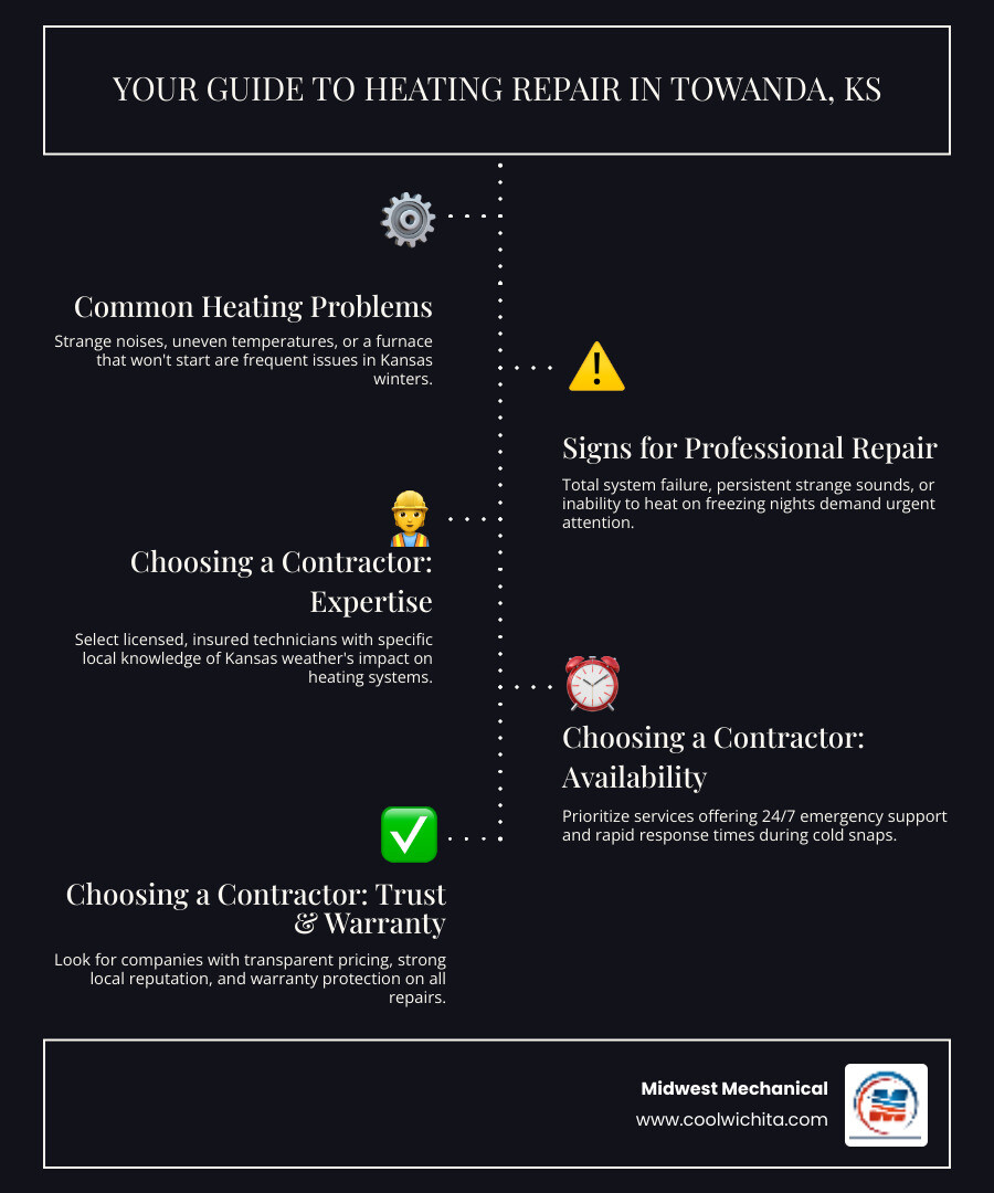 infographic showing comparison of common heating problems in Towanda homes, signs requiring professional repair, and factors to consider when choosing a heating contractor including licensing, emergency availability, local reputation, and warranty protection - best heating repair in towanda, ks infographic infographic-line-5-steps-dark