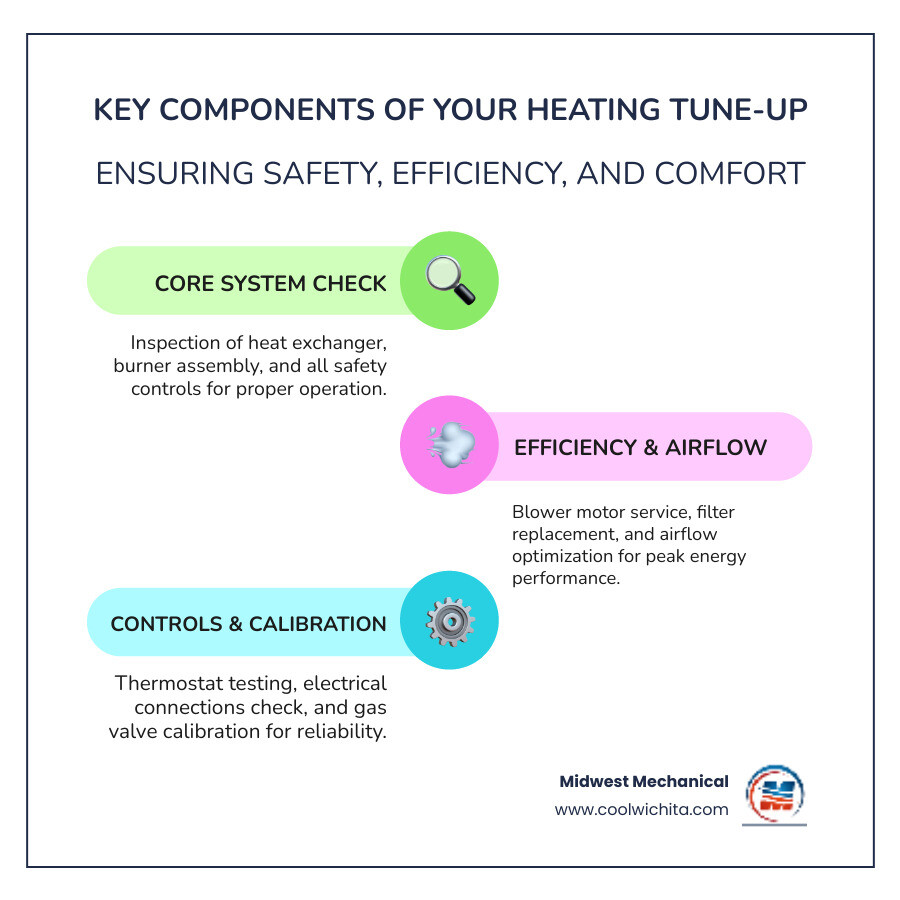 infographic showing key components of a heating tune-up including thermostat testing, filter replacement, burner inspection, heat exchanger check, blower motor service, and safety control verification with average time savings and efficiency improvements - 24 hour heating tune up in norwich, ks infographic infographic-line-3-steps-colors infographic showing key components of a heating tune-up including thermostat testing, filter replacement, burner inspection, heat exchanger check, blower motor service, and safety control verification with average time savings and efficiency improvements - 24 hour heating tune up in norwich, ks infographic infographic-line-3-steps-colors