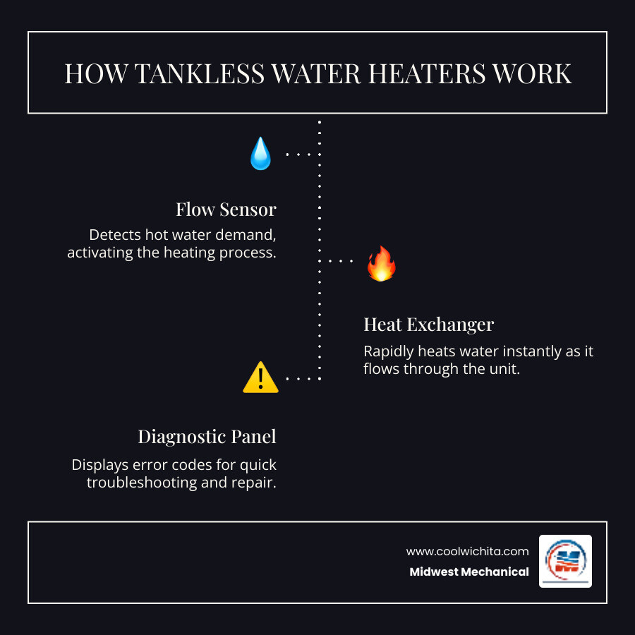 Infographic showing commercial tankless water heater components including heat exchanger, ignition system, flow sensor, and diagnostic panel with common error codes and their meanings - commercial tankless water heater repair in derby, ks infographic infographic-line-3-steps-dark