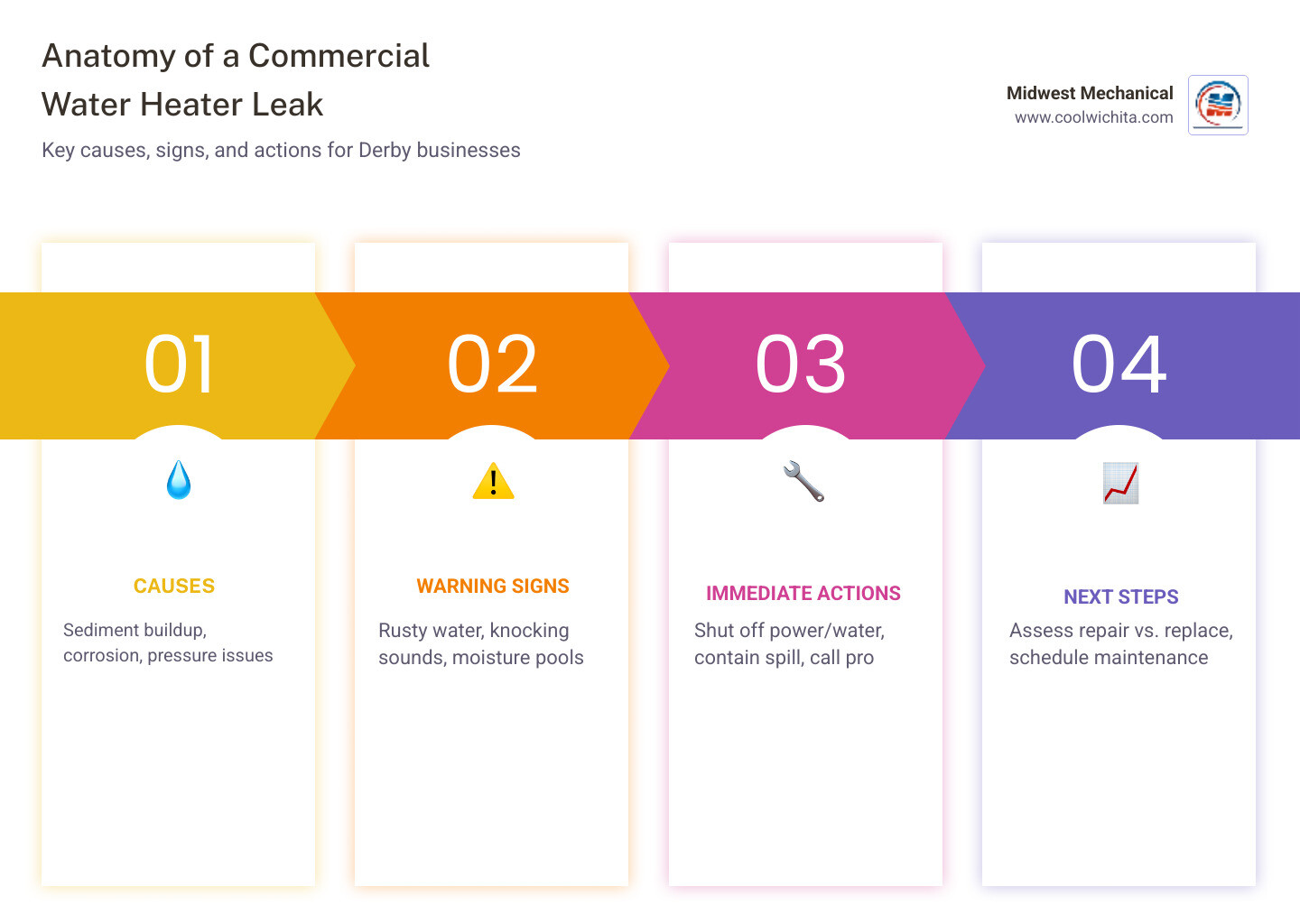 Infographic showing anatomy of a commercial water heater leak: causes, warning signs, and immediate action steps