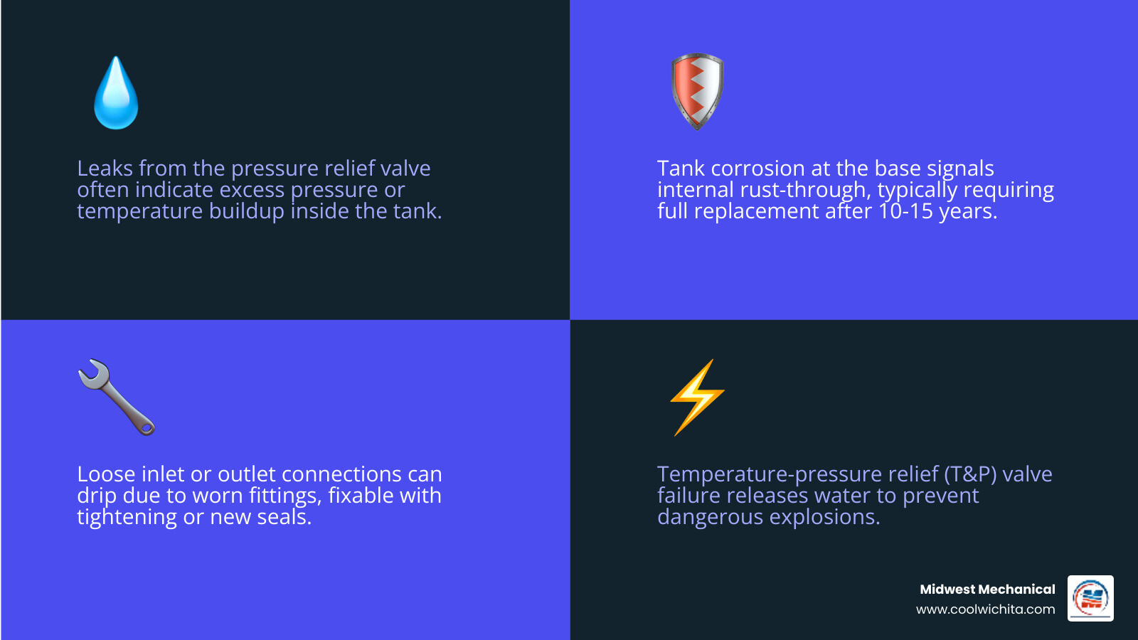 Infographic showing water heater components and common leak points like pressure relief valve, tank base, and inlet
