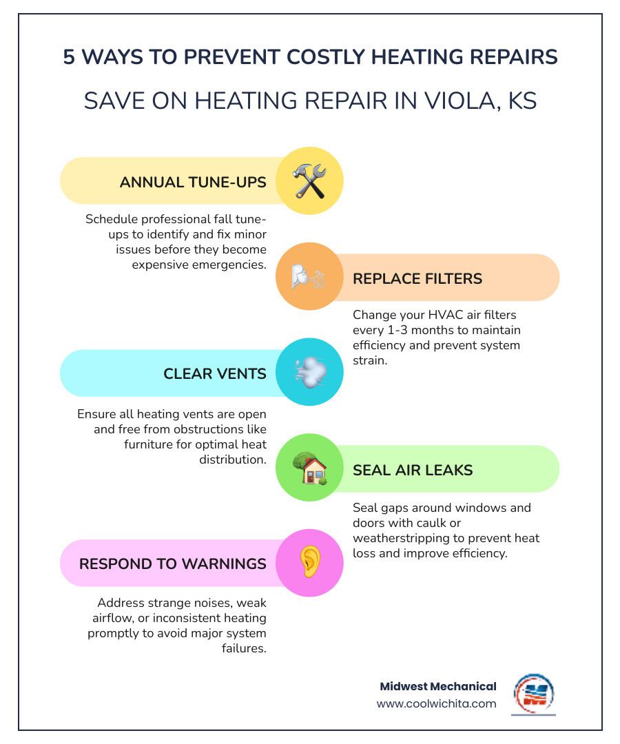 infographic showing five ways to prevent costly heating repairs: schedule annual fall tune-ups, replace filters every 1-3 months, keep vents clear and unobstructed, seal air leaks around windows and doors, and respond quickly to warning signs like strange noises or weak heat - affordable heating repair in viola, ks infographic infographic-line-5-steps-colors