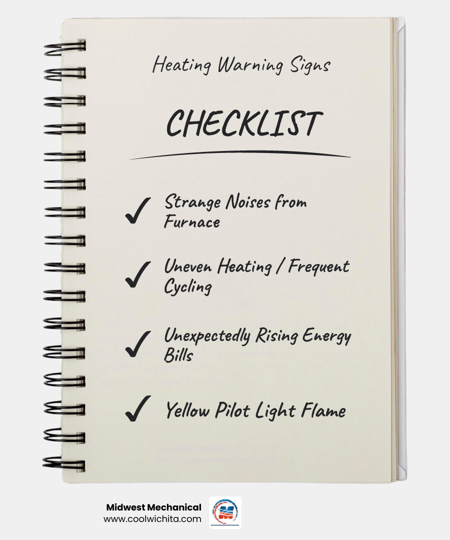 Infographic showing heating system warning signs: strange noises from furnace, uneven room temperatures, frequent on-off cycling, rising energy bills, yellow pilot light flame, poor air quality, and thermostat not responding—with icons indicating when to call for professional heating repair in Viola KS - heating repair in viola ks infographic checklist-notebook Infographic showing heating system warning signs: strange noises from furnace, uneven room temperatures, frequent on-off cycling, rising energy bills, yellow pilot light flame, poor air quality, and thermostat not responding—with icons indicating when to call for professional heating repair in Viola KS - heating repair in viola ks infographic checklist-notebook
