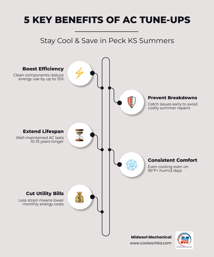 Infographic showing core benefits of seasonal AC maintenance for Peck KS homeowners - ac tune-up in peck ks infographic
