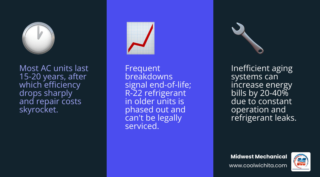 Infographic showing the lifecycle of a residential AC system and top signs it needs replacement - ac replacement in andover