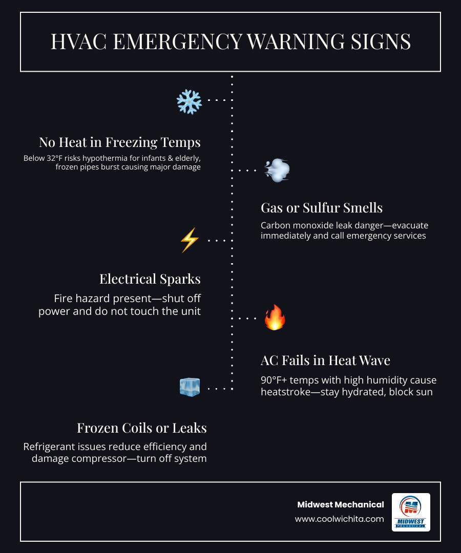 Infographic showing HVAC emergency warning signs for Wichita homeowners with steps to take - emergency hvac repair tips for